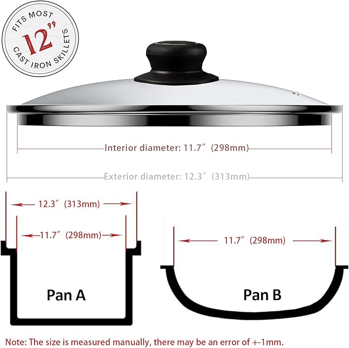 12 Inch Pan Lid - Glass Lids For Lodge 12" Cast Iron Skillet, Frying Pan, Wok, Pot Fry Pan And Dutch Ovens - Designed With Steam Vent Hole