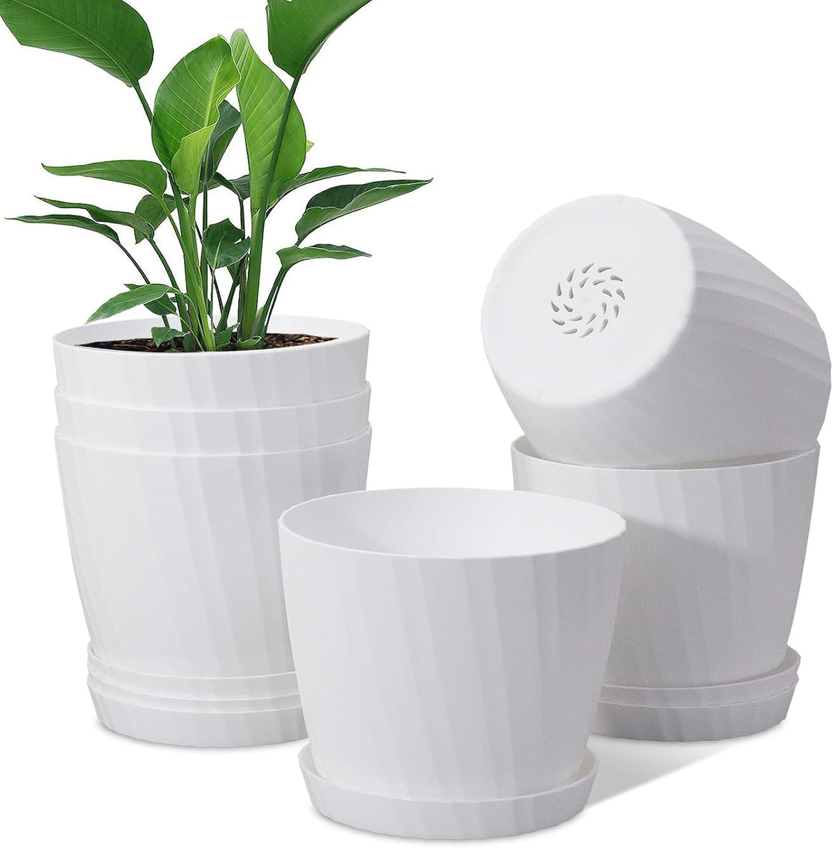6 Inch Plant Pots Bulk, 6 Pack Plastic Planters with Drainage Holes and Saucers for Indoor Outdoor House Plants and Flowers, White
