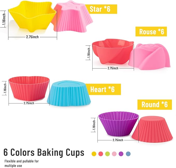Silicone Cupcake Liners for Baking, 24Pcs Reusable Muffin Cups Greaseproof Muffin Liners Nonstick Baking Molds with Round, Stars, Heart, Flowers Shape for Kids