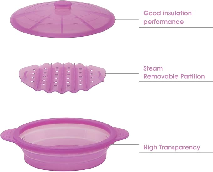 Microwave Steamer Cooker Collapsible Bowl-Silicone Steamer Cookware with Handle Lid for Vegetables Fish Prep Meal Food with Removable Rack BPA Free, Easy to Store, Freezer & Dishwasher Safe, Purple