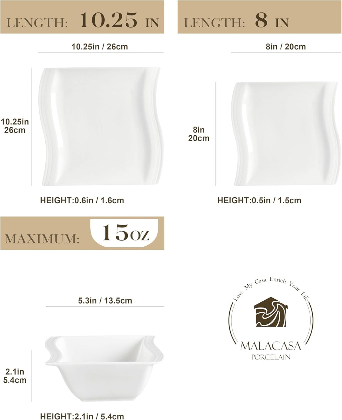 MALACASA Ivory White Dinnerware Set, 12 Pieces - Porcelain Dinner Plates, Dessert Plates and Bowls, Square Flora Pattern