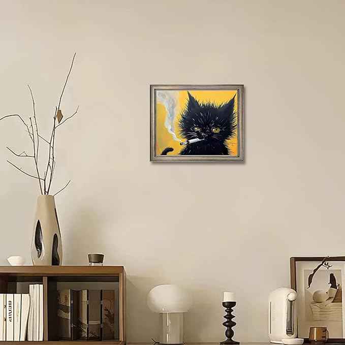 Famed Vintage Black Cat Portrait Wall Art Cat Print Poster for Room Aesthetic Mens Bathroom Bedroom Living Room Decor