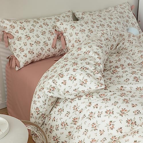 Queen Comforter Set White and Pink Floral Comforter Set for Girls Vintage Garden Flower Leaves Bedding Comforter Set 1 Floral Blush Comforter with 2 Bow Ties Pillowcases Fluffy Botanical Comforter Set
