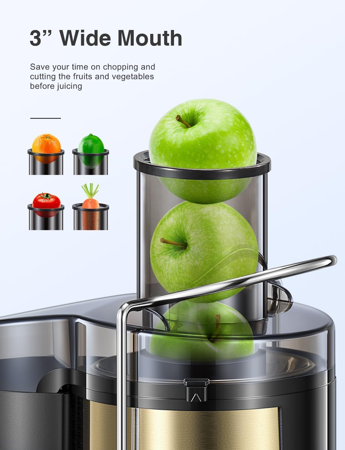 QCen Juicer Machine, 500W Centrifugal Juicer Extractor with Wide Mouth 3” Feed Chute for Fruit Vegetable, Easy to Clean, Stainless Steel, BPA-free (Gold)