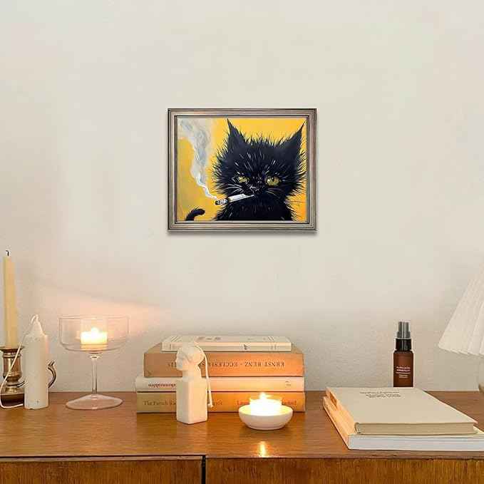 Famed Vintage Black Cat Portrait Wall Art Cat Print Poster for Room Aesthetic Mens Bathroom Bedroom Living Room Decor