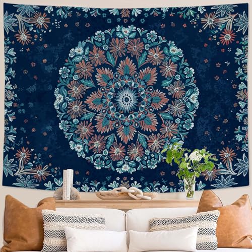 Boho Floral Mandala Tapestry Wall Hanging Blue Bohemian Flower Medallion Tapestry Aesthetic Vintage Navy Hippie Indian Large Tapestries for Bedroom Living Room Dorm Decor 80 x 60 Inch