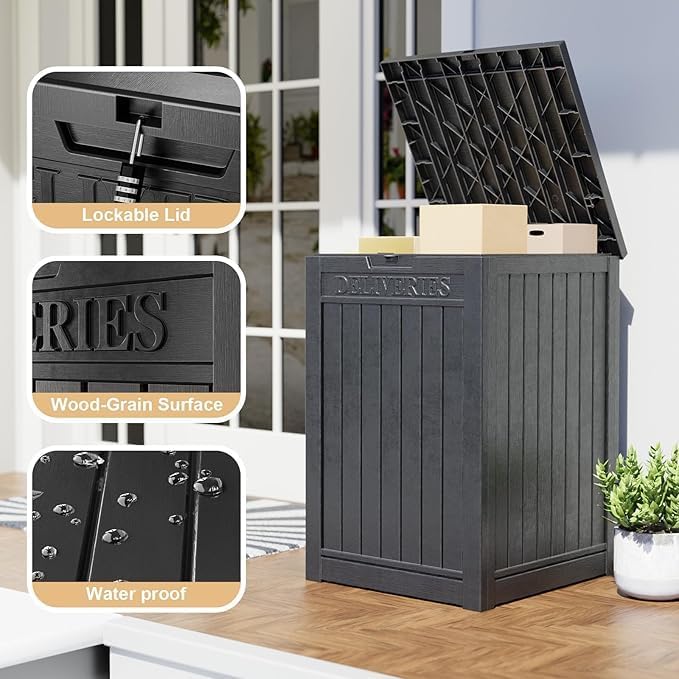 DRATO 48 Gallon Package Delivery Box, Large Lockable Storage Box, Double-Wall Resin Outdoor Package Delivery and Waterproof Deck Box for Porch, Patios