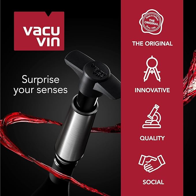 Vacu Vin Wine Saver Pump Gray with Vacuum Wine Stopper - Keep Your Wine Fresh for up to 10 Days - 1 Pump 6 Stoppers - Reusable - Made in the Netherlands