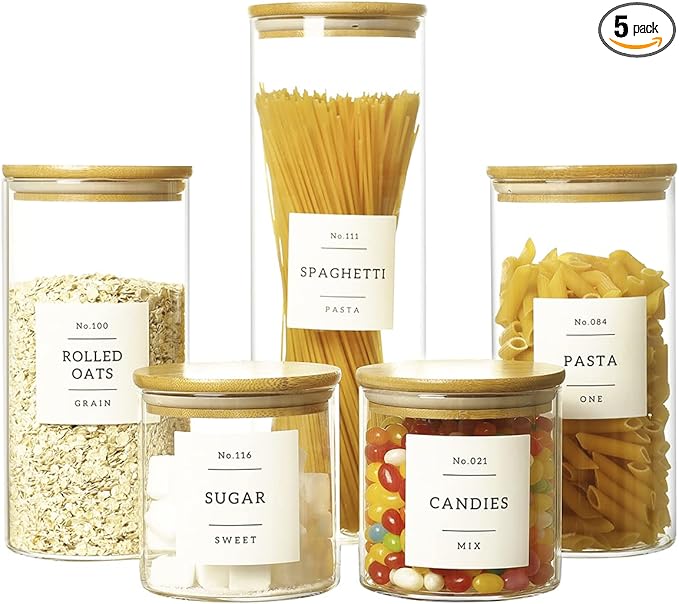 HHMJSM 5 Pcs Glass Food Storage Containers With 132 Pantry Labels Preprinted - Thicken(3mm) Jars Airtight Bamboo Lid Stackable Kitchen Canisters Set For Candy, Cookie, Rice, Sugar, Flour