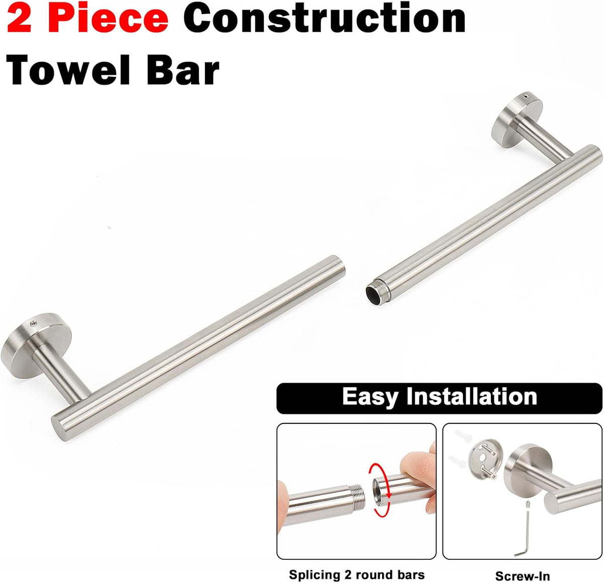 NearMoon Bath Towel Bar, Bath Accessories Thicken Stainless Steel Shower Towel Rack for Bathroom, Towel Holder Wall Mounted (2 Pack, Brushed Nickel, 24 Inch)
