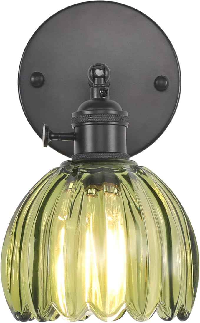 Vintage Wall Sconce with Green Tulip Glass Lampshade 180 Degree Adjustable Black Sconce Hradwired Modern Wall Lighting Fixture with Switch for Bedside Bedroom Doorway