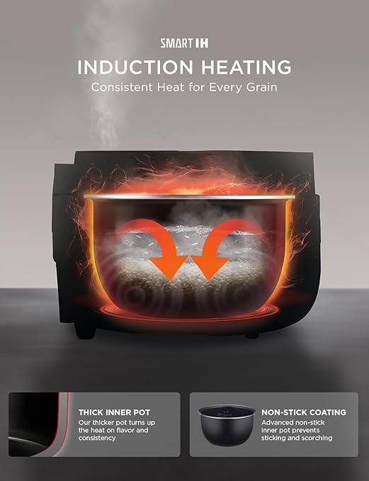 CUCKOO Non-Pressure Rice Cooker 8-Cup Uncooked / 16-Cup Cooked with Induction Heating Technology, Versatile Rice Maker with 12 Menu Options and Steam Plate, Voice Guide, Gray (CR-HA0810FG)