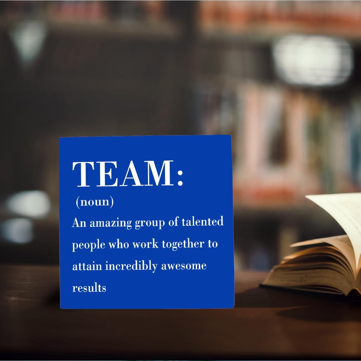 HTBIG Rustic Wooden Team Noun Office Decor Desk Sign, Blue