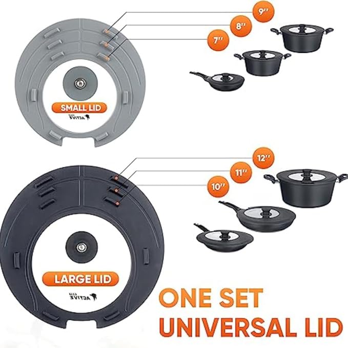 2-Pack Universal Silicone Lids for Pots and Pans - Replacement Pan Covers Fit 7-12 Inch Frying Pans and Pots, Black & Gray