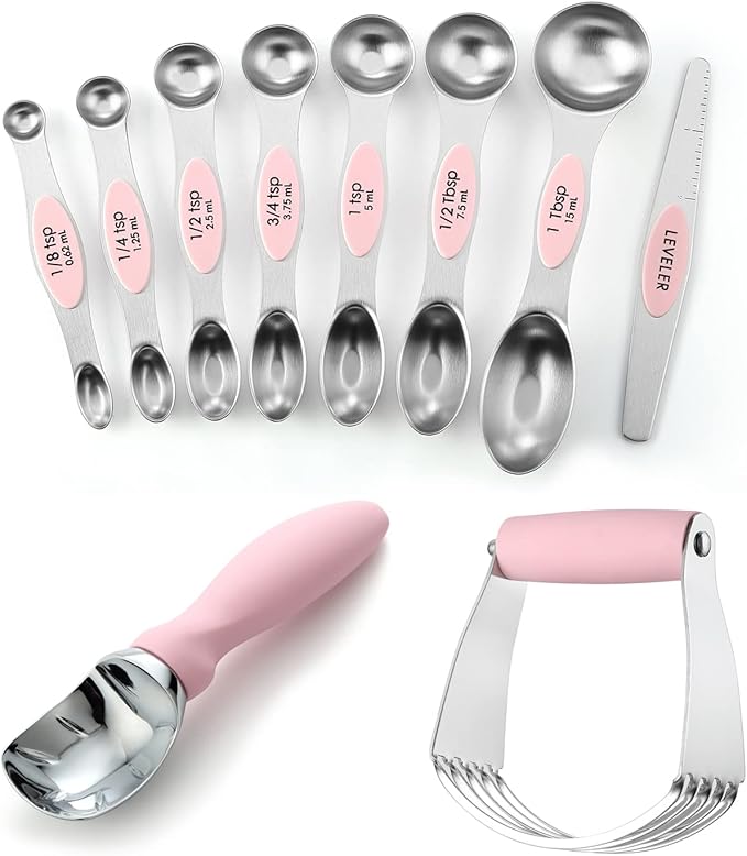Spring Chef Dessert Bundle - Ice Cream Scoop, Medium Dough Blender, Magnetic Measuring Spoon Set - Pink Lemonade