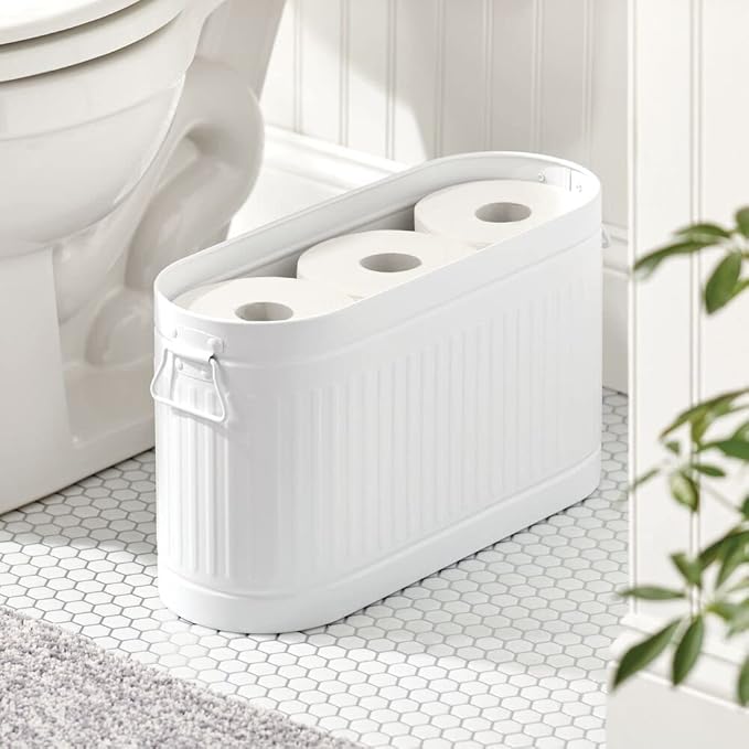 mDesign Large Steel Free Standing Toilet Paper Organizer, 6-Roll Tissue Storage Holder Container Bin for Bathroom Floor, Fits Under Sink, Vanity, Shelf, In Cabinet, or Corner, Oscar Collection - White