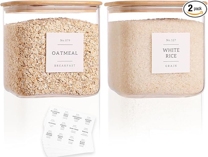 2 Pack Square Glass Flour and Sugar Containers with 132 Kitchen Pantry Labels - Thicken 85 FL OZ Large Glass Storage Jars with Airtight Bamboo Lid - Big Food Canisters for Cookies, Candy, Tea, Coffee
