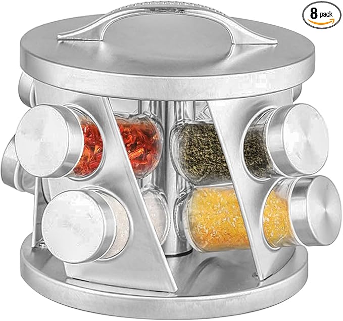 Portable Stainless Steel Spice Rack with 8 Spice Jars Included Revolving Spice Organizer for Kitchen Tower Storage Rack for Spices and Seasoning Silver