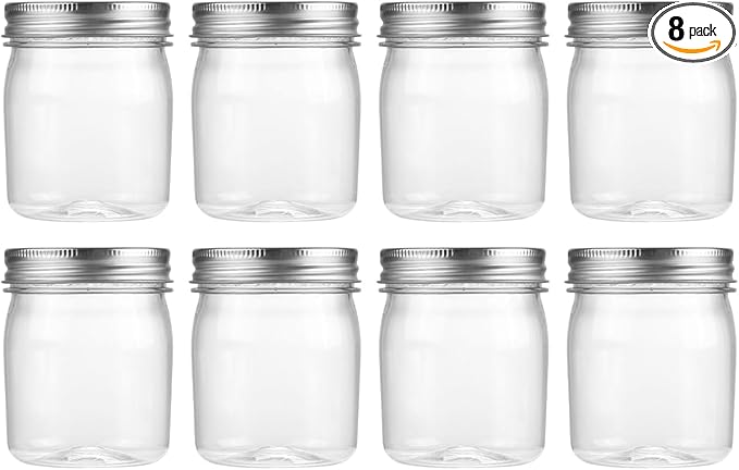 novelinks 8 oz Clear Plastic Jars with Airtight Lids, 8 Pack Plastic Mason Jars with Lids 8oz, Refillable Storage Slime Containers & Small Spice Jar for Kitchen Organization (8 Pack,Silver)