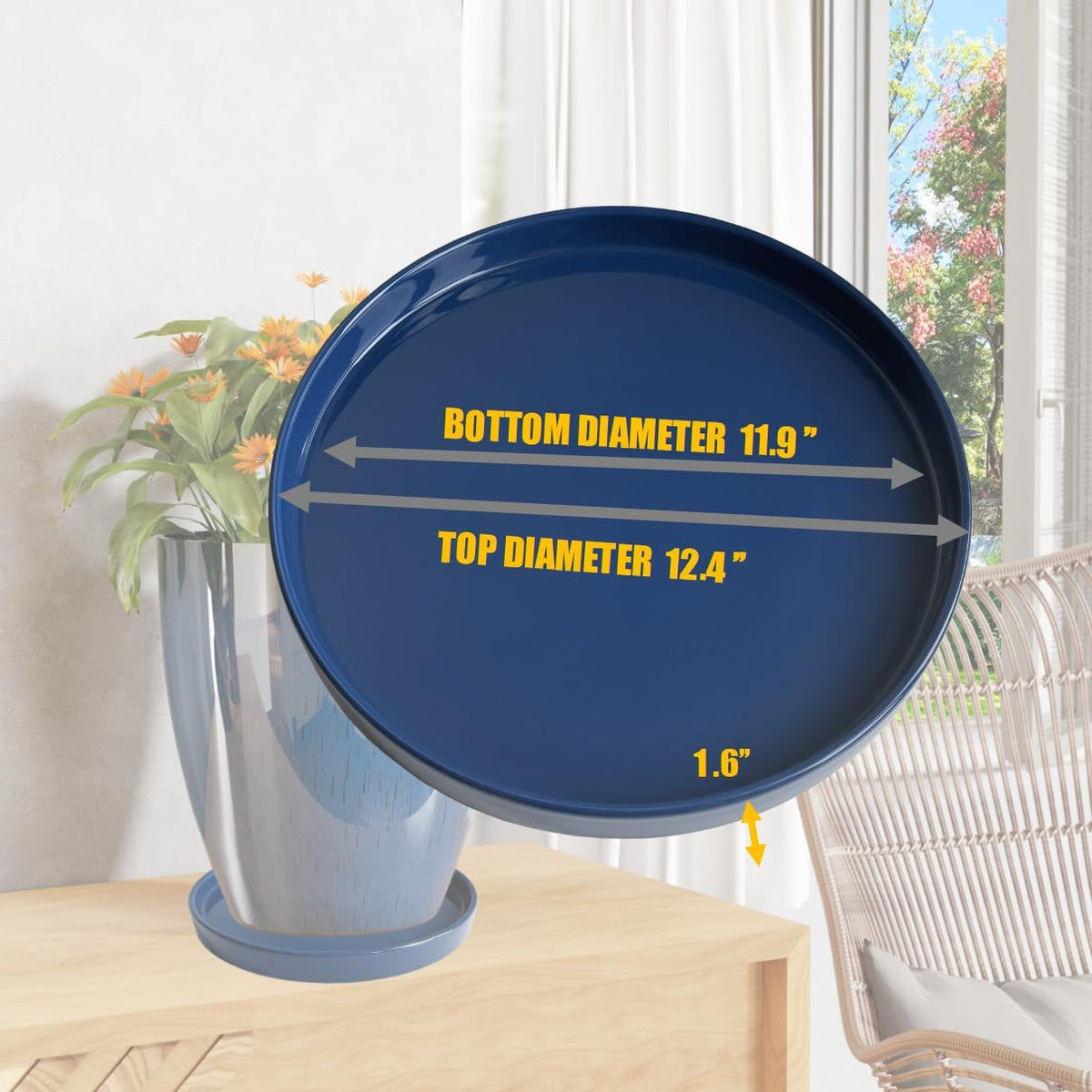 Ceramic Plant Saucer Pot Tray 12 Inch, Planter Saucers 4 5 6 7 8 9 10 11 12 Inch for Indoors Outdoor, Durable Sturdy Flower Drainage Tray for Glazed Pots Base (12.5 Inch-Blue)