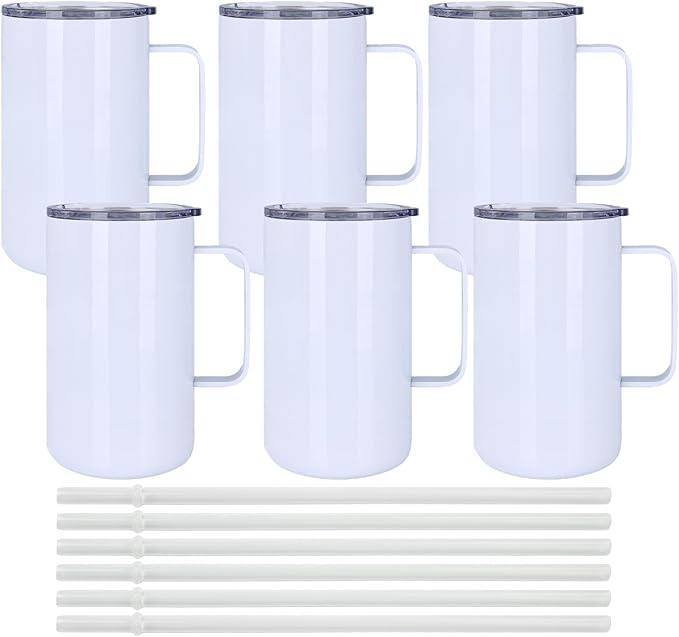 6 Pack 20 oz Sublimation Tumblers with Handle Coffee Blanks, with Lid and Straw, Straight Skinny Insulated Cup Stainless Steel Water Bottle for Craft DIY