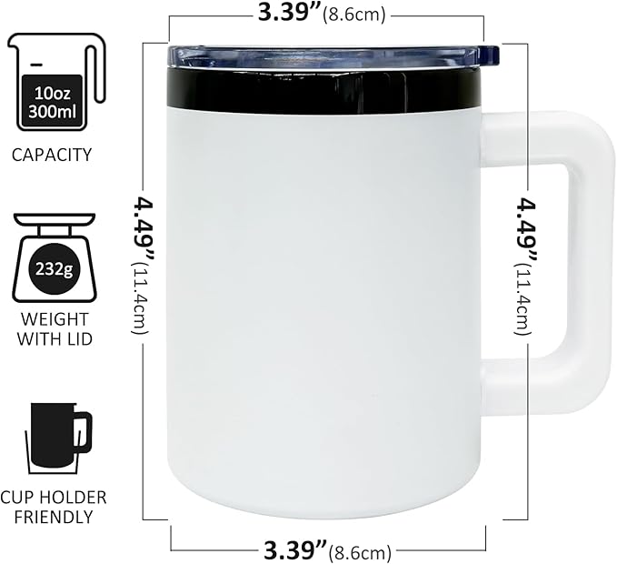 10 oz Tumbler with Handle and Straw Stainless Steel Insulated Coffee Mug for Laser Graving Powder Coated Cup with Black Plated(White,6 pack)