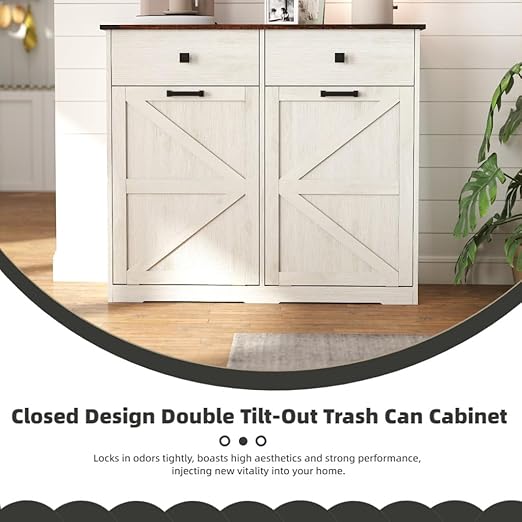 20 Gallon Double Tilt-Out Trash Can Cabinet,Wood Hidden Garbage Can Cabinet – Free Standing Recycling Cabinet Pet Proof Trash Can Holder with 2 Drawer for Kitchen Bathroom, Living Room,White
