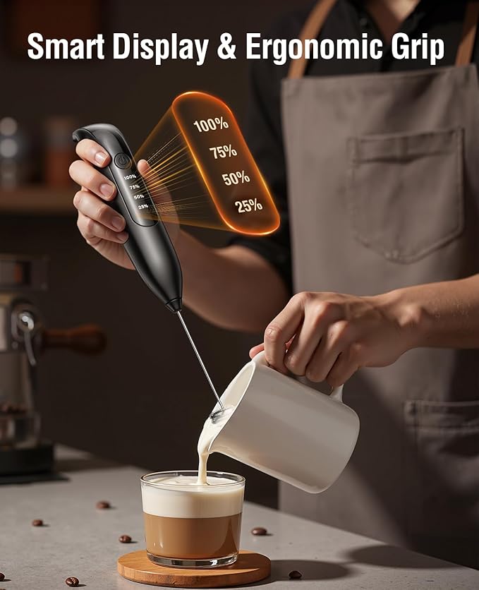 Electric Milk Frother Handheld: Rechargeable 3 in 1 - LED Digital Display with 3 Speeds Portable Stainless Steel Drink Foam Mixer for Milk Coffee, Lattes, Cappuccino, Matcha - Starlight Black