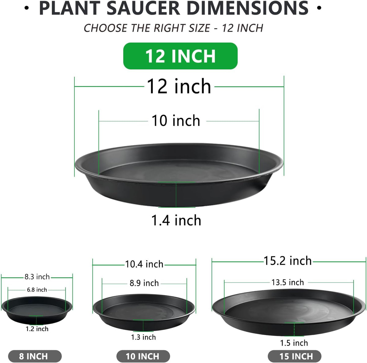 6 Pack 12-Inch Black Plant Saucer Trays, Thick PP Plastic Planter Bases for Large Pots, Strong Flower Pot Water Catcher Plates & Heavy Duty Drip Trays for Patio and Indoor Use