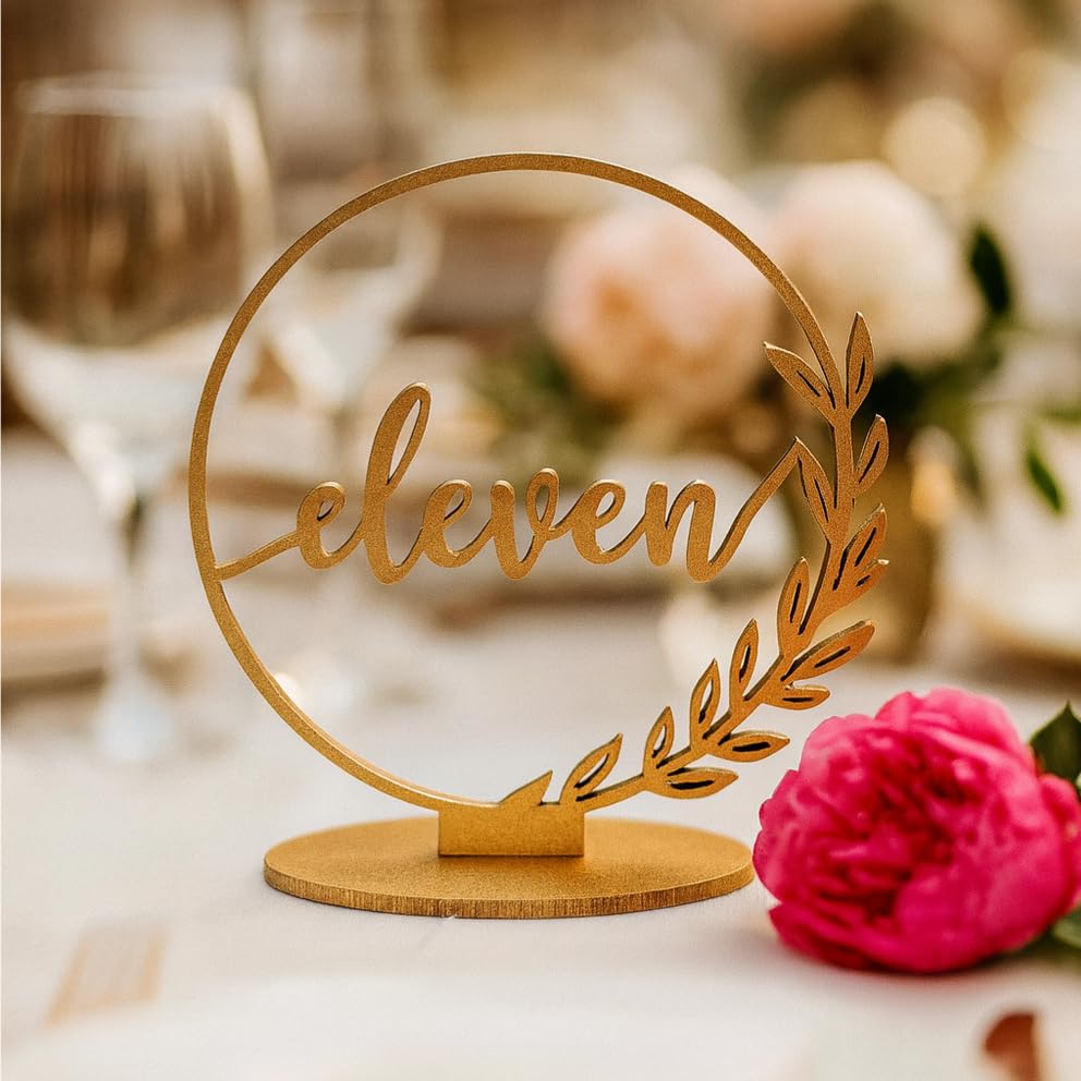 Wedding & Event Table Number Sign – Rustic Floral Circle Numbers, Wooden Seating Decor for Receptions, Parties, Banquets – Gold, Rose Gold, Silver & Black