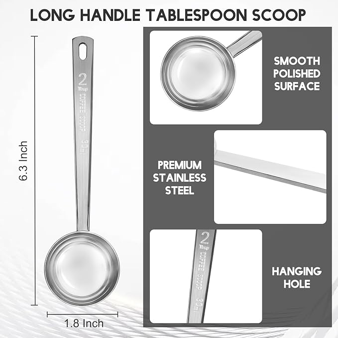 Timoo 5 Pcs Coffee Scoop 2 Tablespoon Scoop Stainless Steel Tablespoon Measuring Spoon Long Handle for Powder Ground Coffee Tea Sugar