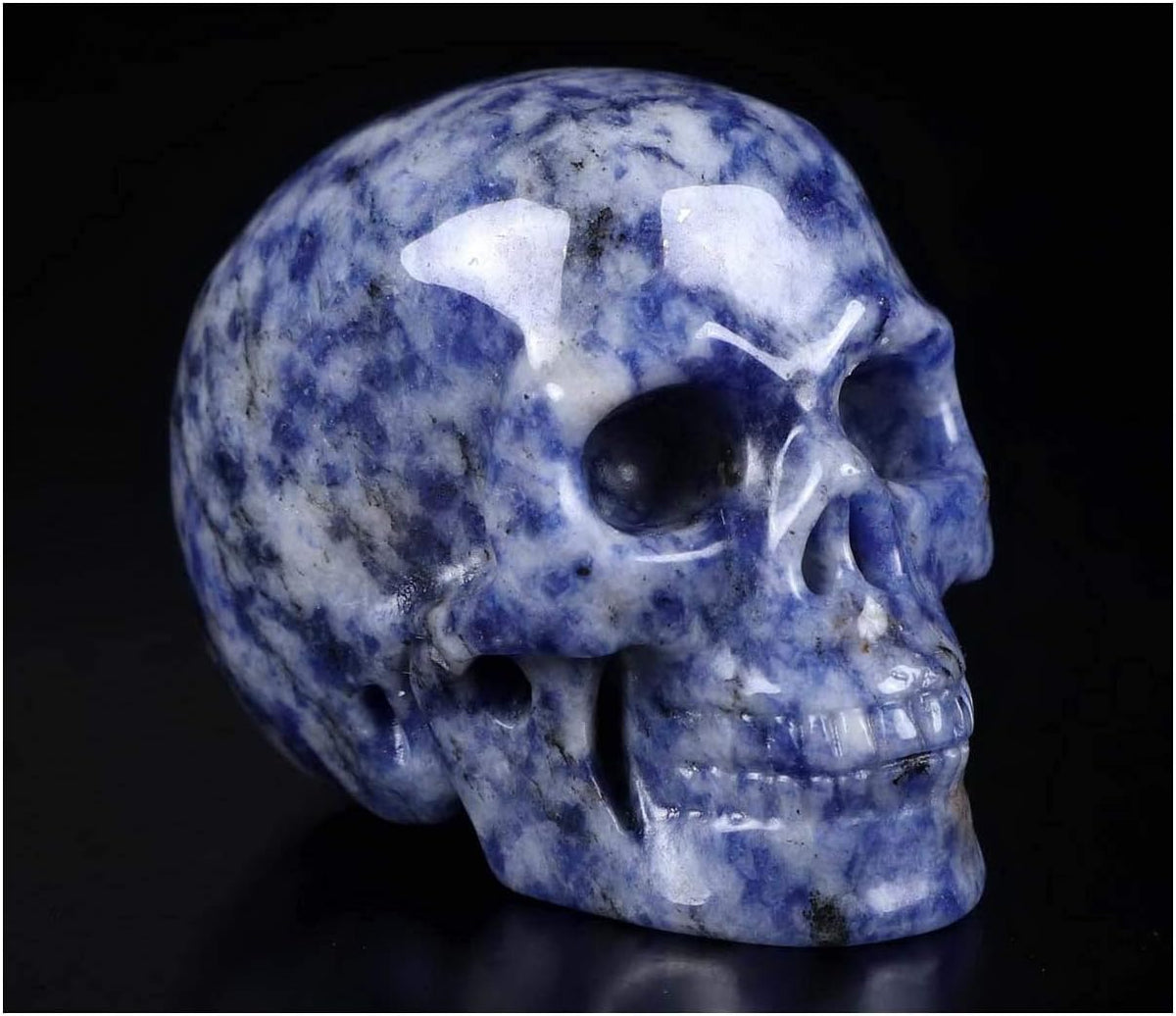 Skullis 2.0" Blue Speckled Sodalite Crystal Skull, Hand Carved Gemstone Fine Art Sculpture, Reiki Healing Stone Statue.