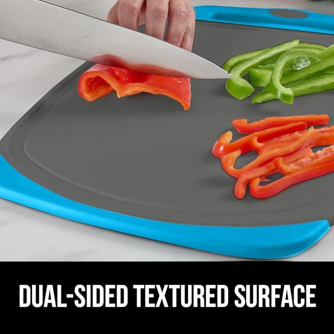 GORILLA GRIP BPA-Free Reversible Kitchen Cutting Board Set of 3, US Designed, Nonporous, Juice Grooves Catch Liquid, Slip Resistant Border, Dishwasher Safe, Durable Food Chopping Boards, Aqua Gray