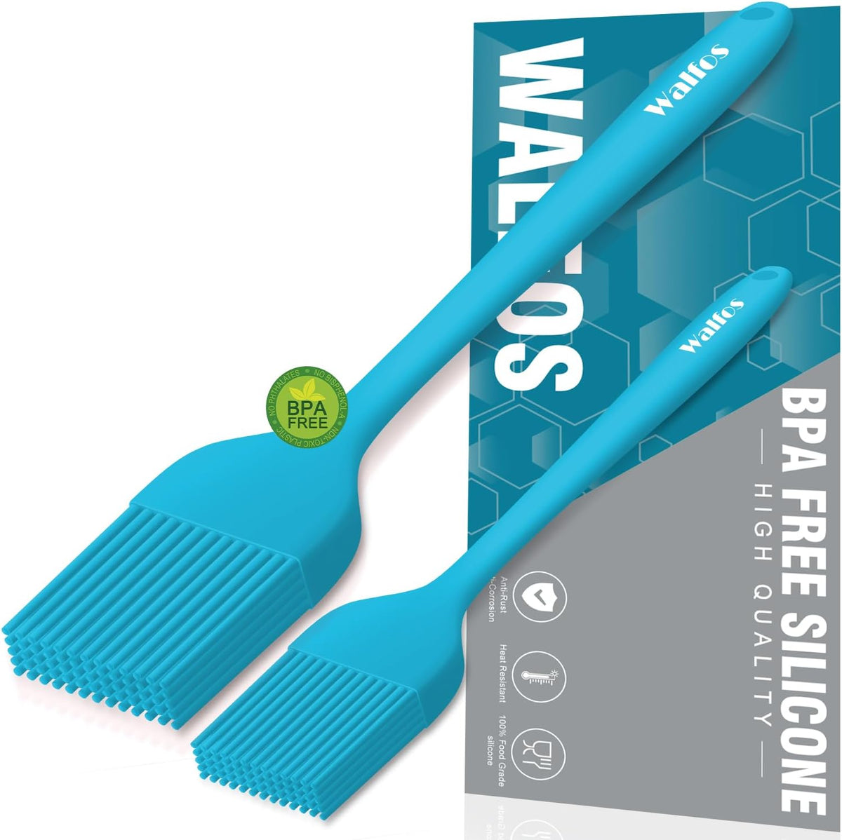 Walfos Silicone Basting Pastry Brush, Heat Resistant Pastry Brush Set, Strong Steel Core and One-Pieces Design, Perfect for BBQ Grill Baking Kitchen Cooking, BPA Free and Dishwasher Safe, 2 Pcs (Blue)