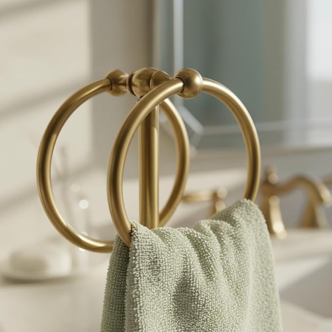 J&V TEXTILES Steel Towel Rack Holder Stand with 2 Hanging Rings for Bathroom Vanity Countertops - Space Saving Hand Towel Holder (Aged Brass)
