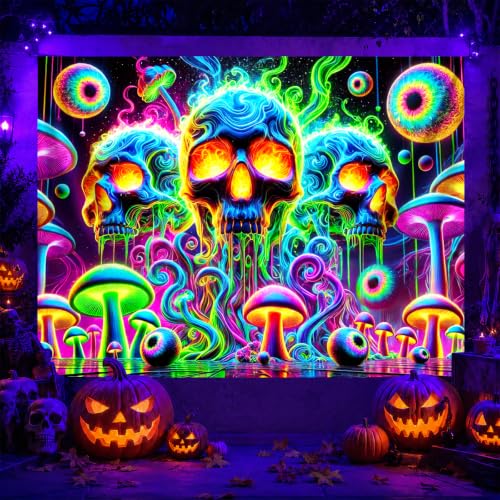 Blacklight Tapestry Skull Surreal Wall Art 78 x 59 Inch