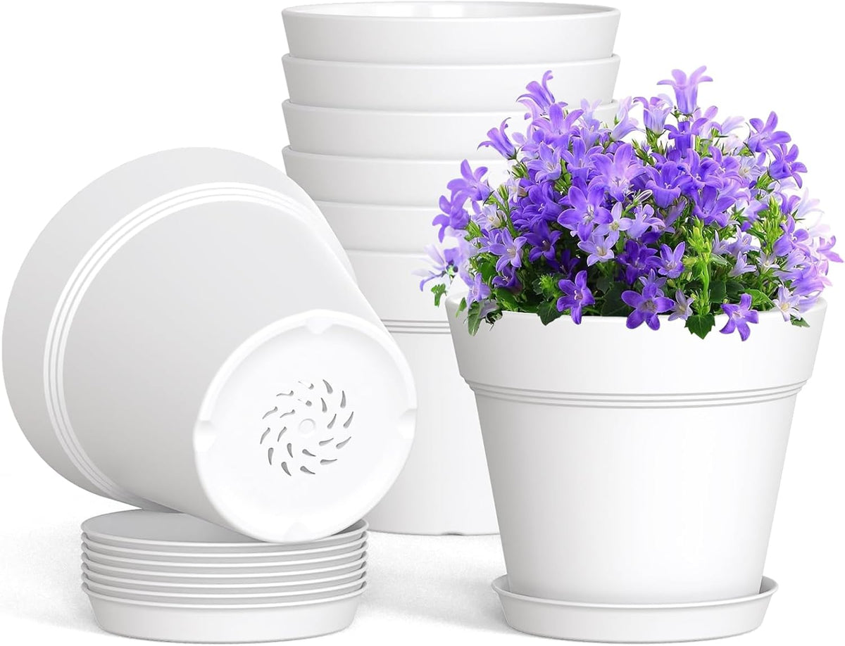 4 Inch Plastic Plant Pots with Drainage Holes and Trays – 8 Pack Small Nursery Pots for Indoor & Outdoor House Plants and Flowers, Seedling Starter Planters, White