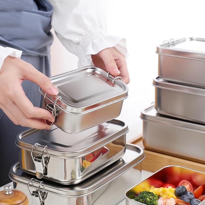 3-Pack 550ml (18.6 oz) Stainless Steel Bento Lunch Box Containers with Lids - Waterproof Metal Food Storage - Snack Prep Trays and Tiffin Carriers