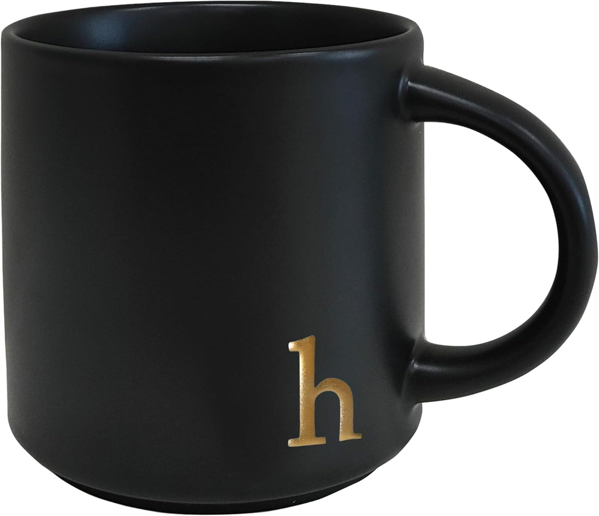 COLLECTIVE HOME - Black Monogram Ceramic Mugs, 15 oz Golden Initial Coffee Cups, Elegant Alphabet Tea Mugs, Personalized Halloween Mug with Gift Box, Perfect for Office and Home Décor (h)