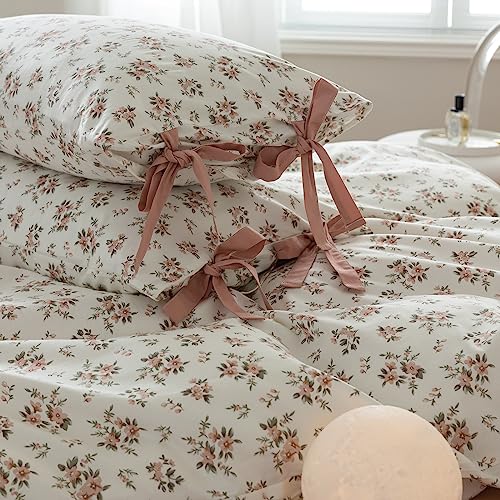 Queen Comforter Set White and Pink Floral Comforter Set for Girls Vintage Garden Flower Leaves Bedding Comforter Set 1 Floral Blush Comforter with 2 Bow Ties Pillowcases Fluffy Botanical Comforter Set