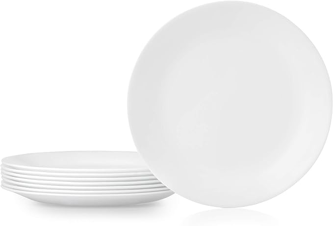 Corelle Vitrelle 8-Piece Dinner Plates Set Triple Layer Glass and Chip Resistant, Lightweight Round Plates, Winter Frost White