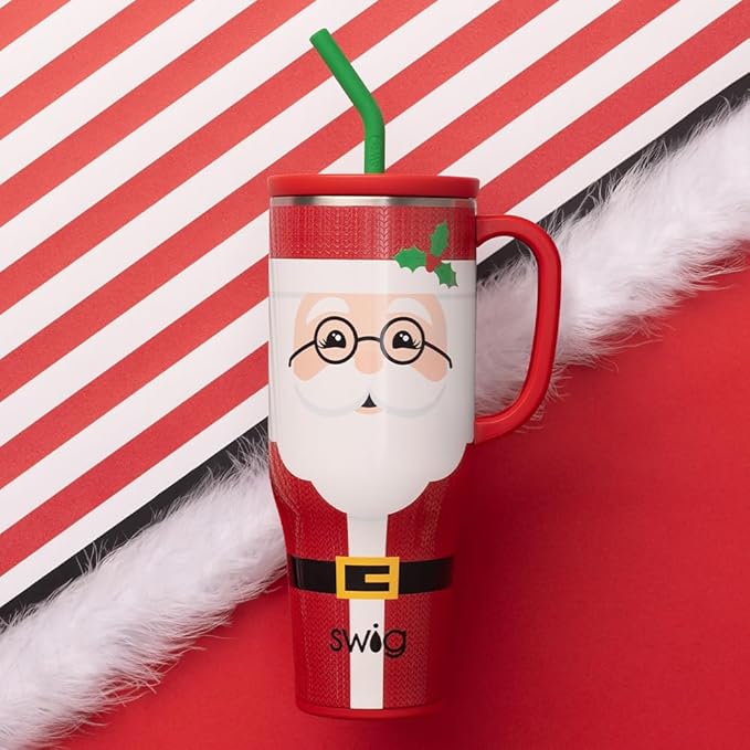 Swig Life 40oz Mega Mug, 40oz Tumbler with Handle and Straw, Extra Large Insulated Tumblers, Cup Holder Friendly Travel Mug (Mr Claus)