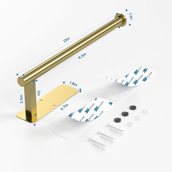ASTOFLI Paper Towel Holder Under Cabinet No Drilling, Self Adhesive Paper Towel Holder Wall Mount for Kitchen Rack, Under Counter Napin Holder No Drill, RV, 304 Stainless Steel, Gold Brass