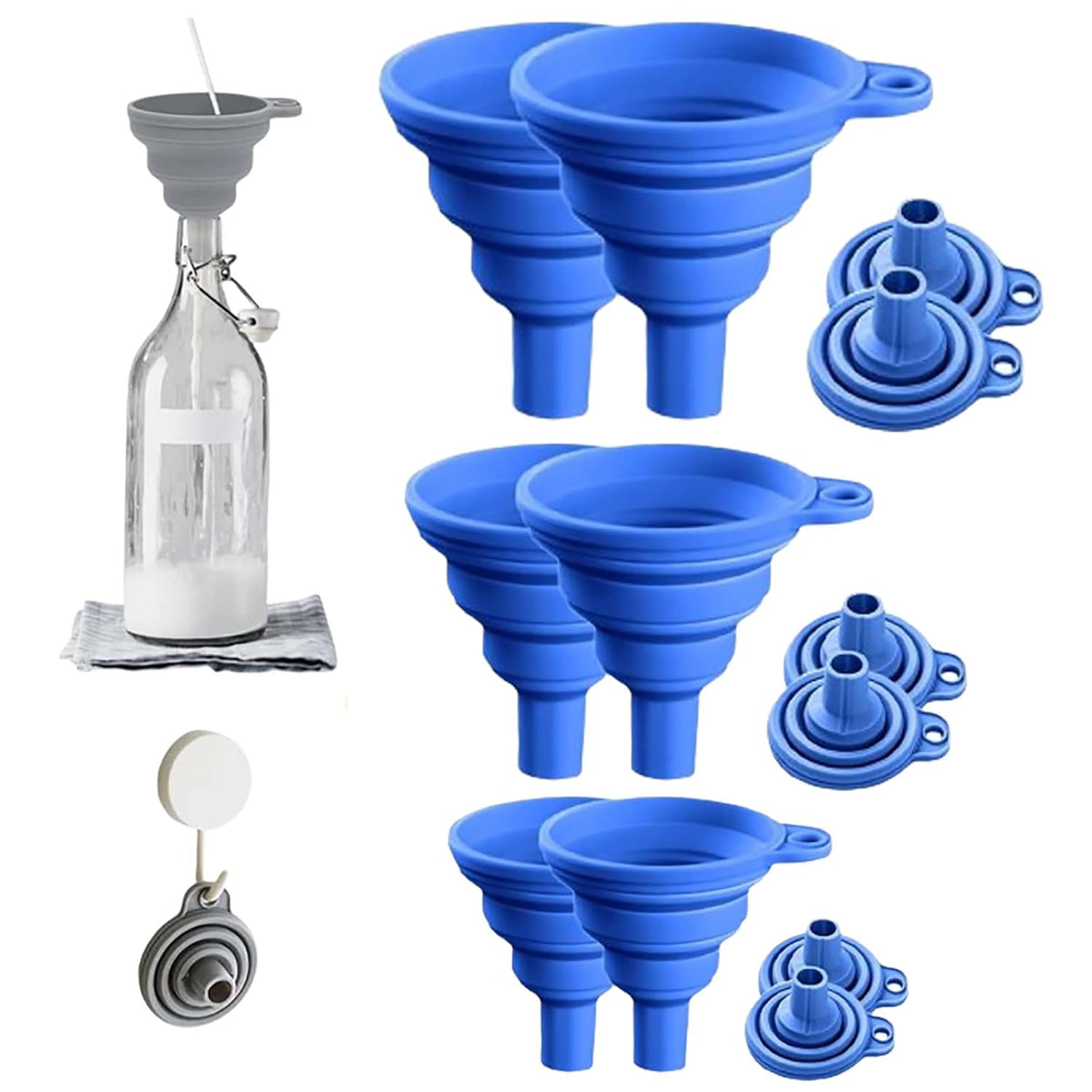 Kitchen Funnel Set, 2025 Upgrade Silicone Collapsible Funnel Silicone Collapsible Food Funnels for Kitchen 3 Sizes Funnels for Home Use Filling Bottles Daily Cooking (Blue, 2Set 11+14+20g)