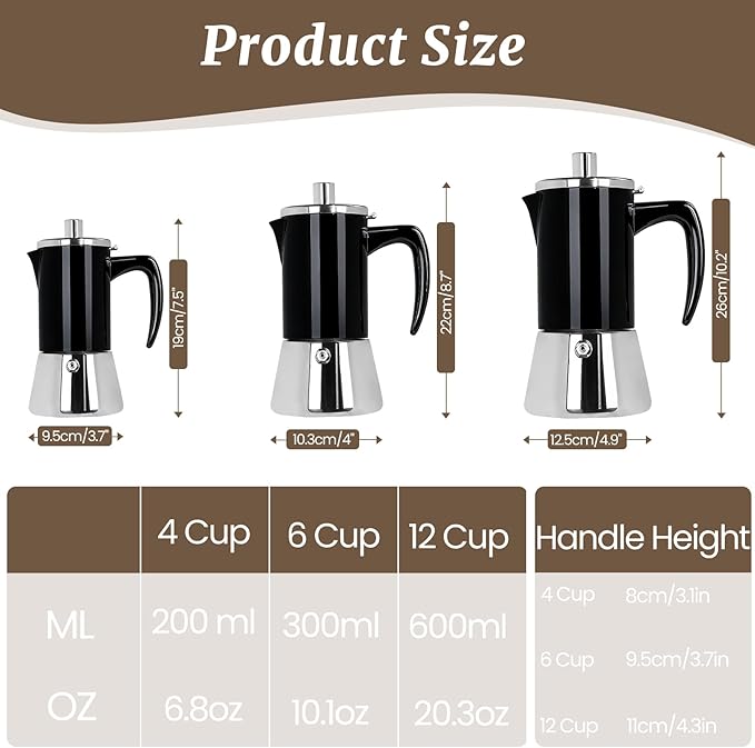 4 Cup Thickened Moka Pot 304 Stainless Steel 200ml Italian Espresso Coffee Maker Stovetop CoffeeMakers Mocha Pot Percolator for Induction Stove Classic Cafe Makers Portable for Easy Brewing
