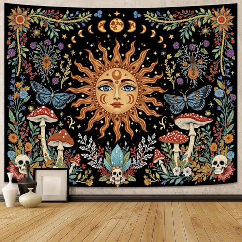 Celestial Sun Mushroom Skull Wall Tapestry