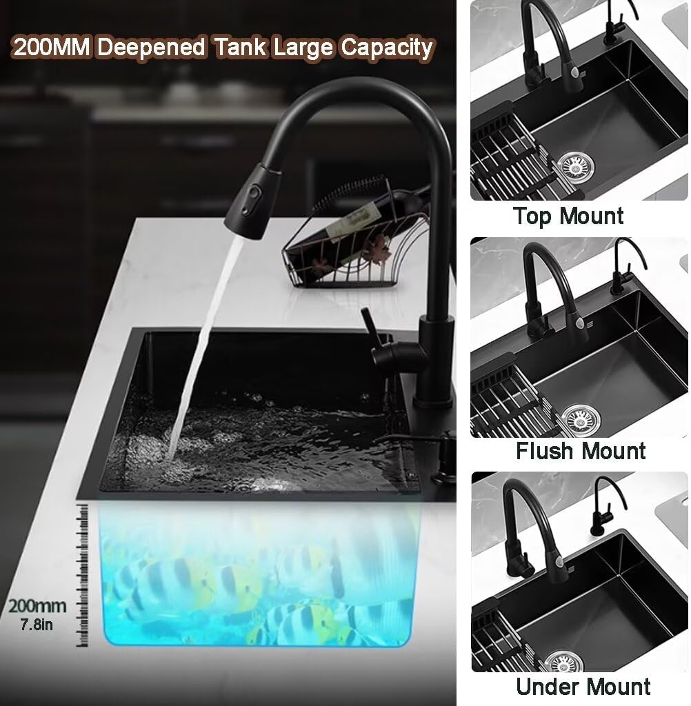 Black Drop in Kitchen Sink, Stainless Steel Single Bowl Sink with 3 Holes, Topmount Workstation Sink, Farmhouse Rectangle Basin with Multiple Accessories (21.7 * 17.7 * 7.9in)