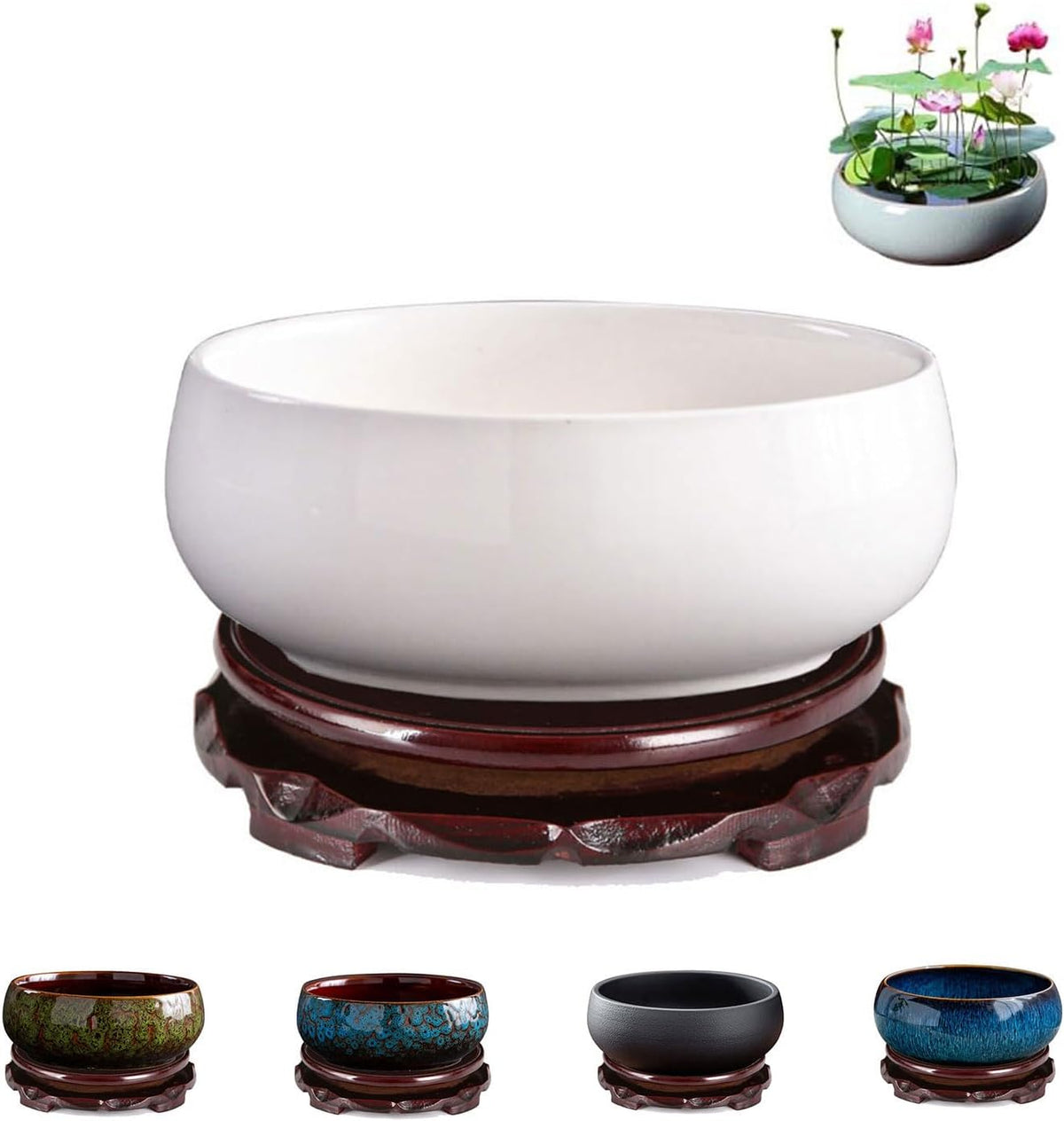 Lotus Bowl Planter, Lotus Bowls for Planting in Water Indoors,6.5-inch Round Succulent Flower Pot with Rotating Bracket, Leak-Proof Design, Suitable for hydroponic Plants, Succulents (White)