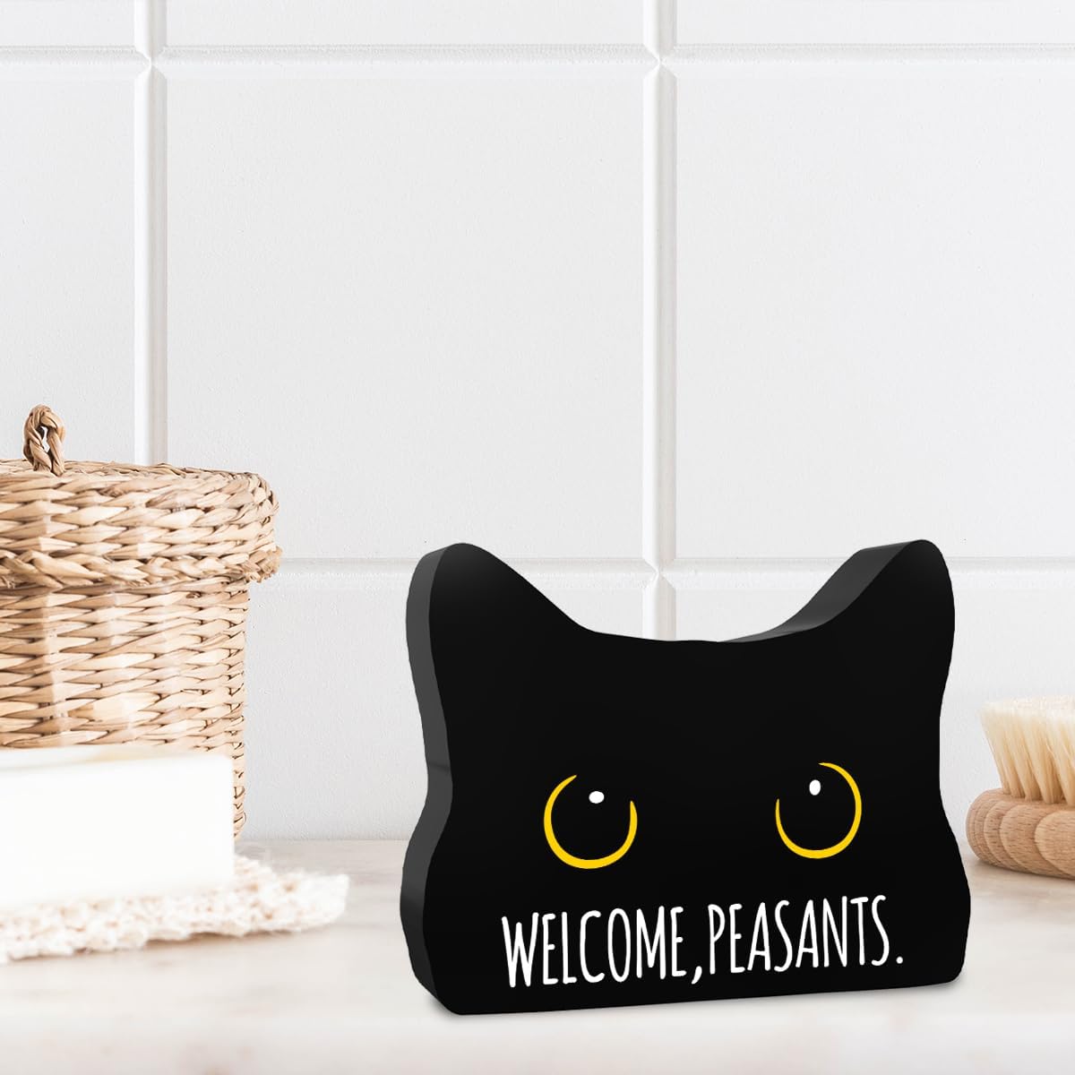 Welcome Peasants Funny Bathroom Acrylic Decor Sign Black Cat Decor Cat Decor for Home Bathroom Cat Lover Gifts For Women Men