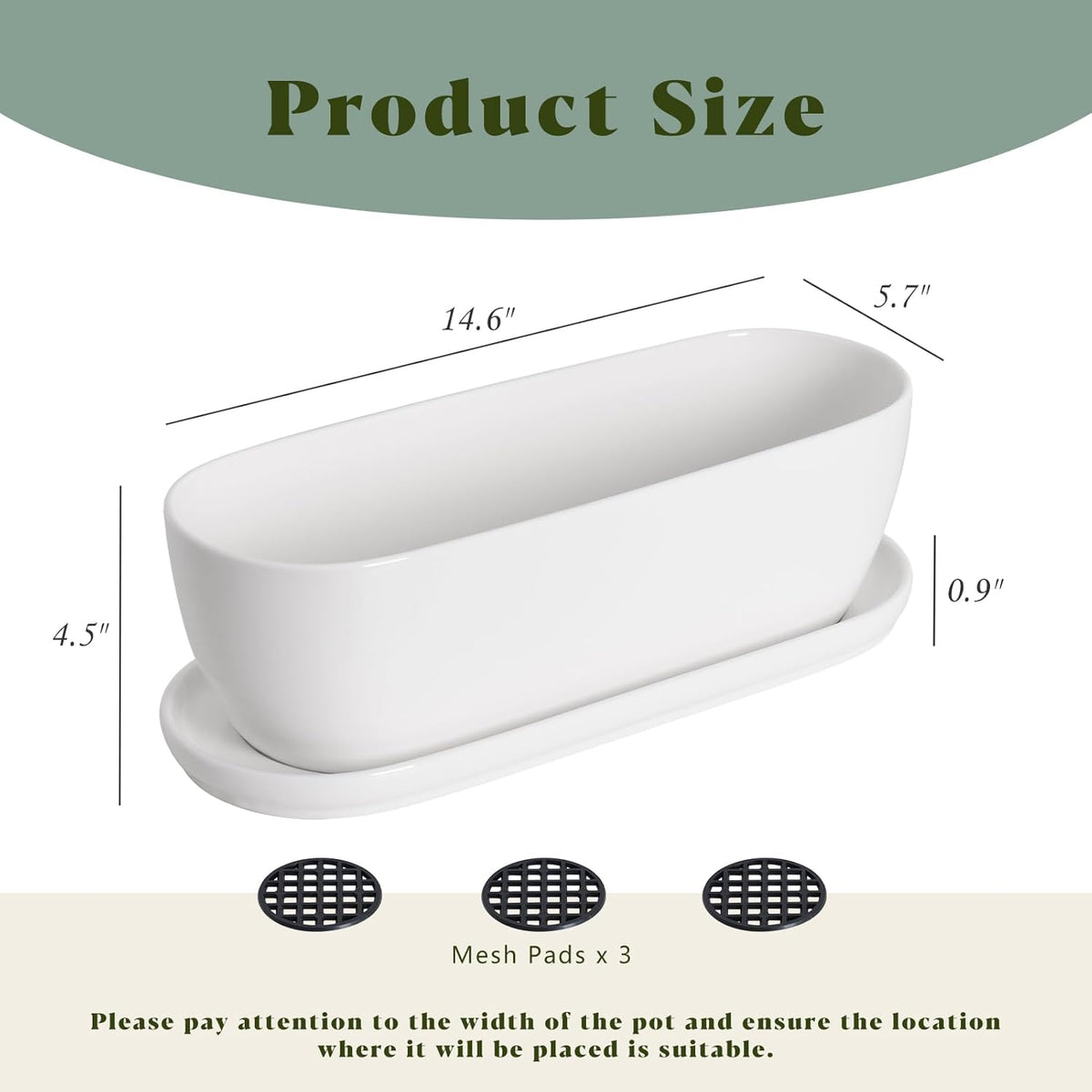 E-liu Oval Ceramic Planter Pot with Drainage Hole Saucers 14 Inch Succulents Planter Home Decor for Indoor Outdoor Plants Herb Cactus with 3 Mesh Pads, Plants Not Included